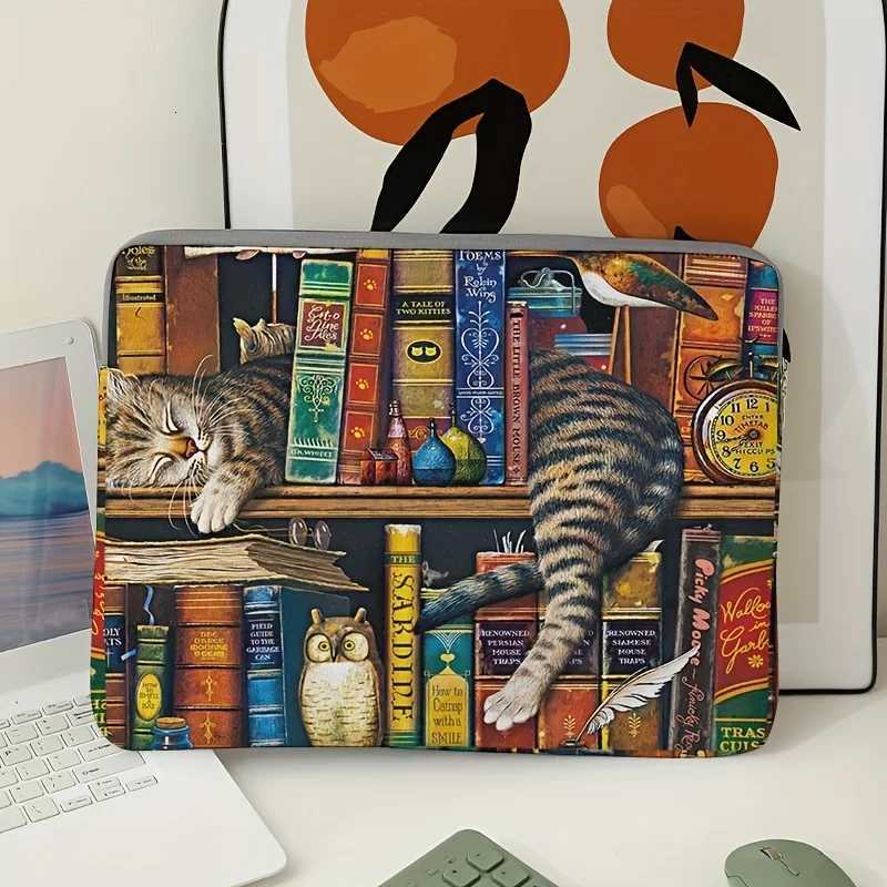 1 cat and bookshelf pattern laptop bag briefcase suitable for 15 inch laptops fixed laptop bag (without handheld) G250729