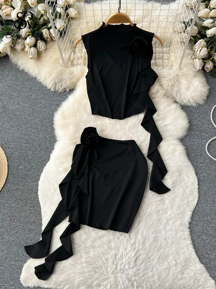 SINGREINY Women Sexy Two Pieces Suits Sleeveless Ruffles Short BlouseBodycon Flower Mini Skirt Fashion Streetwear Beach Sets 250730