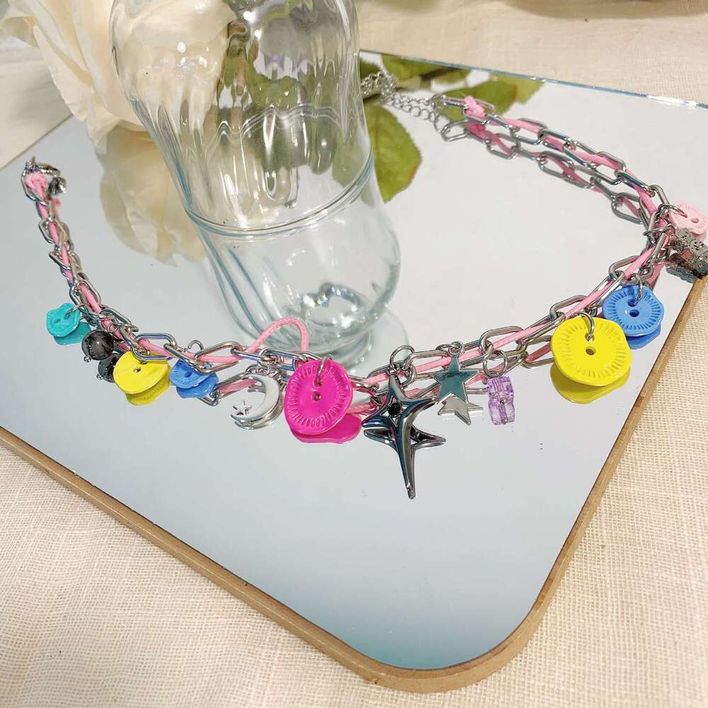 Dopamine Colorful Button Leather Necklace Niche Design Light Collarbone Versatile Neck Chain Student Best Friend Accessory 271