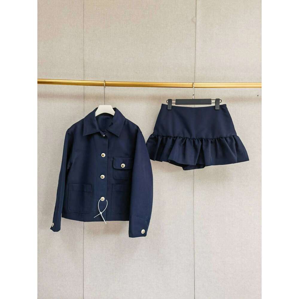 Designer Clothing 2025 Spring Women Dark Blue Jacket Skirt Set Turn-Down Collar Long Sleeve Short Coat Or Ruffles Mini Jupe Lady Suit