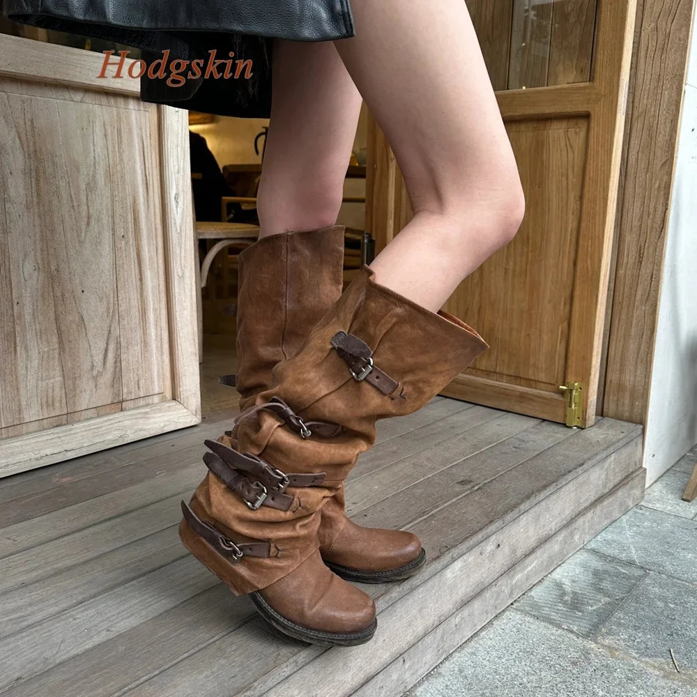 Sewing Denim Round Toe Women Boots Belt Buckle Platform Knee High Pleated Boots Solid Slip On Fashion Casual Comfortable Boots 250729