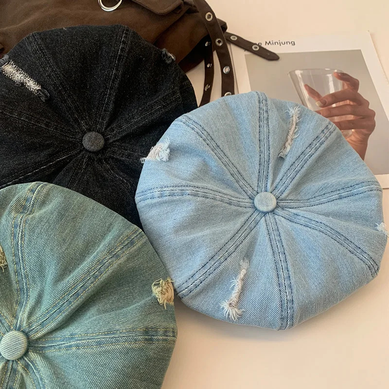 Womens Berets Retro Denim Octagonal Hat Breathable sboy Cap French Berets Woman Vintage Hats Female 250730