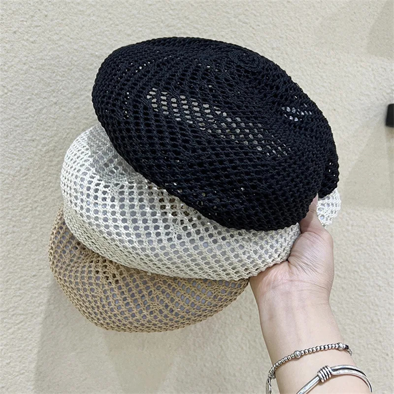 Japanese Knitted Hollow Berets for Women Summer Thin Knitted Painter Caps Ins Simple Korean Version Versatile Pumpkin Beret Hat 250730