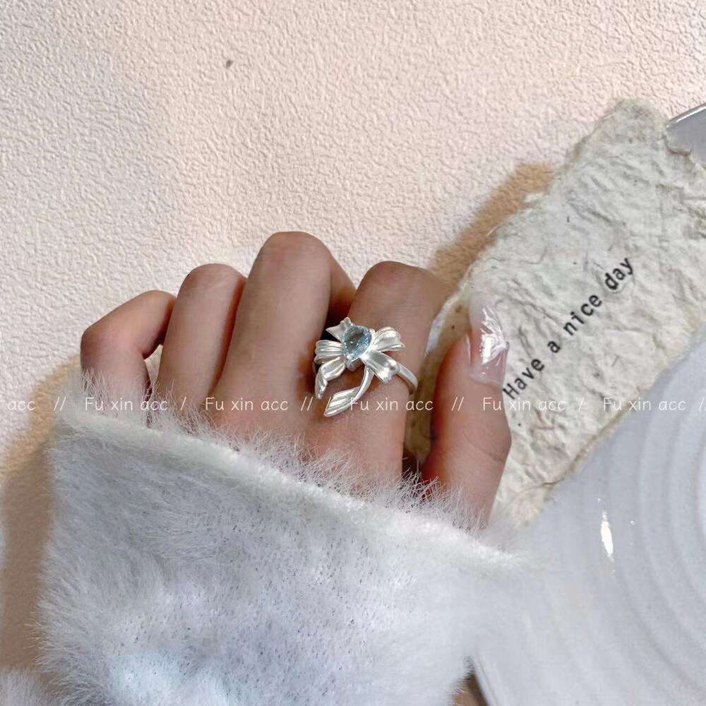 Light Blue Fashion Bowknot for Women Gentle Exquisite Versatile Open Ring Niche High-end Design Jewelry cc1
