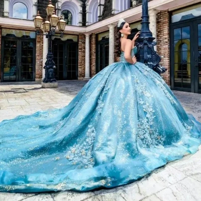 Water Blue Shiny Ball Gown Quinceanera Dresses Applique Lace Beading Crystal Tull Birthday Party Sweet 16 Dress Vestidos De 15 Anos