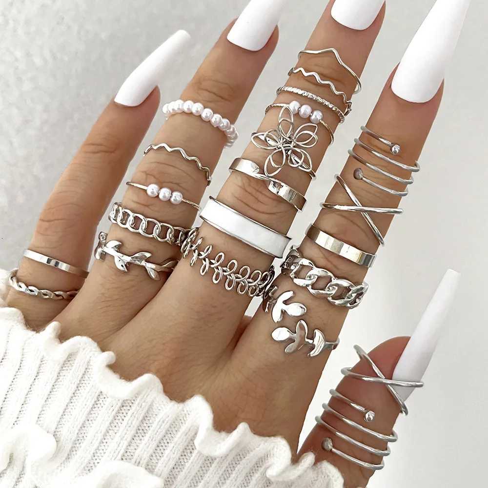 Silver Color Geometric Knuckle Ring Set for Women Artificial Pearl Simple Chain Finger Ring Bohemian Jewelry Accessories y250730