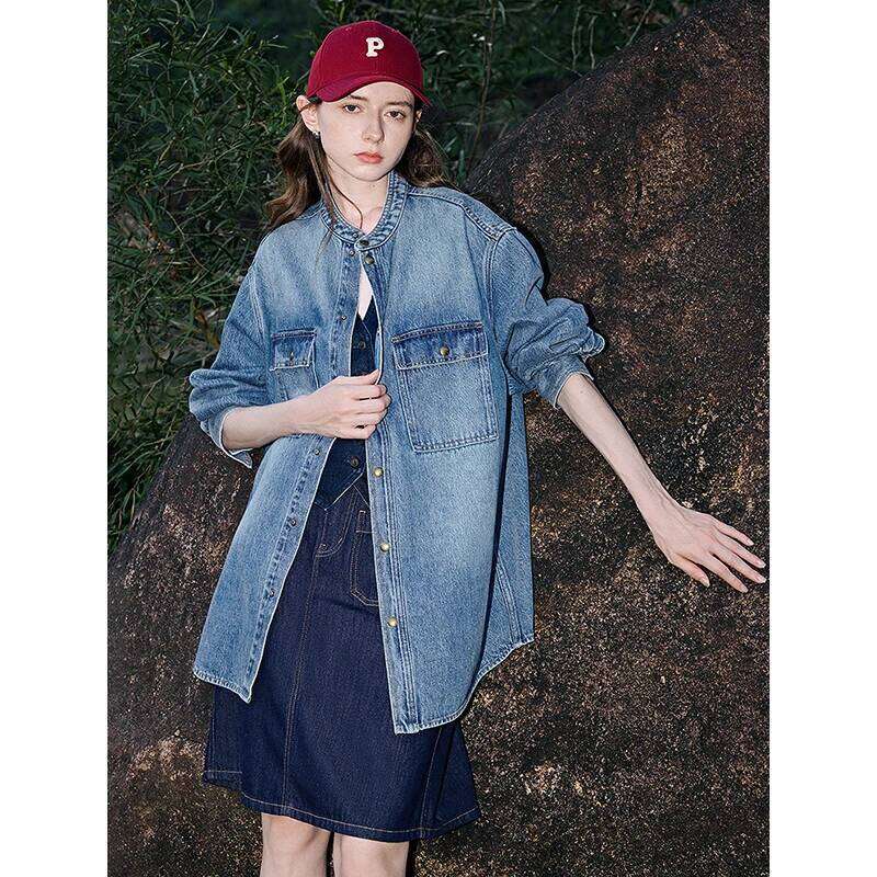 TOYOUTH Women Denim Jacket 2025 Spring New Pocket Stand Collar Workwear Single Breasted Button Streetwear Outwear Coat 250728