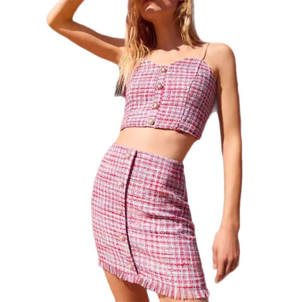 Spicy Girl French Style Sexy Plaid Camisole Top and Skirt Set for Women 2025 Summer New