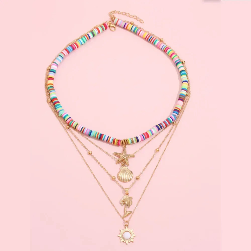 Fashion Bohemia Soft Clay Shell Star Sun Pendant Chain Layered Necklace for Women Girls Summer Beach Simple 250716
