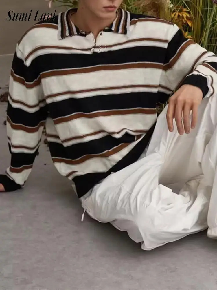 Vintage Contrast Color Knitted Polo Shirt Mens Autumn Outdoor Casual Long Sleeve Jumper Tops Men Fashionable Striped Shirts 250731