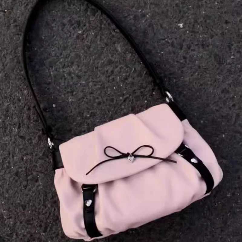 Cute Sweet Bow Womens Shoulder Bags Pleated PU Leather Design Ladies Underarm Bag Contrast Color Commute Female Purse Handbags Y250730