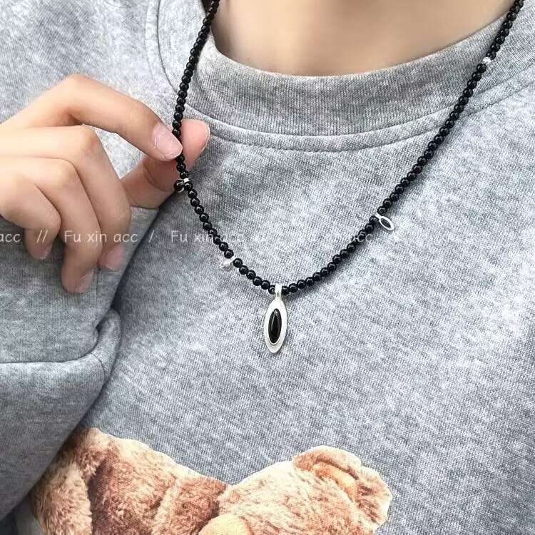 Black Onyx Beaded Korean New Necklace Fashion Versatile Sweet Cool Style Sweater Niche Design High-end Neck Chain b59