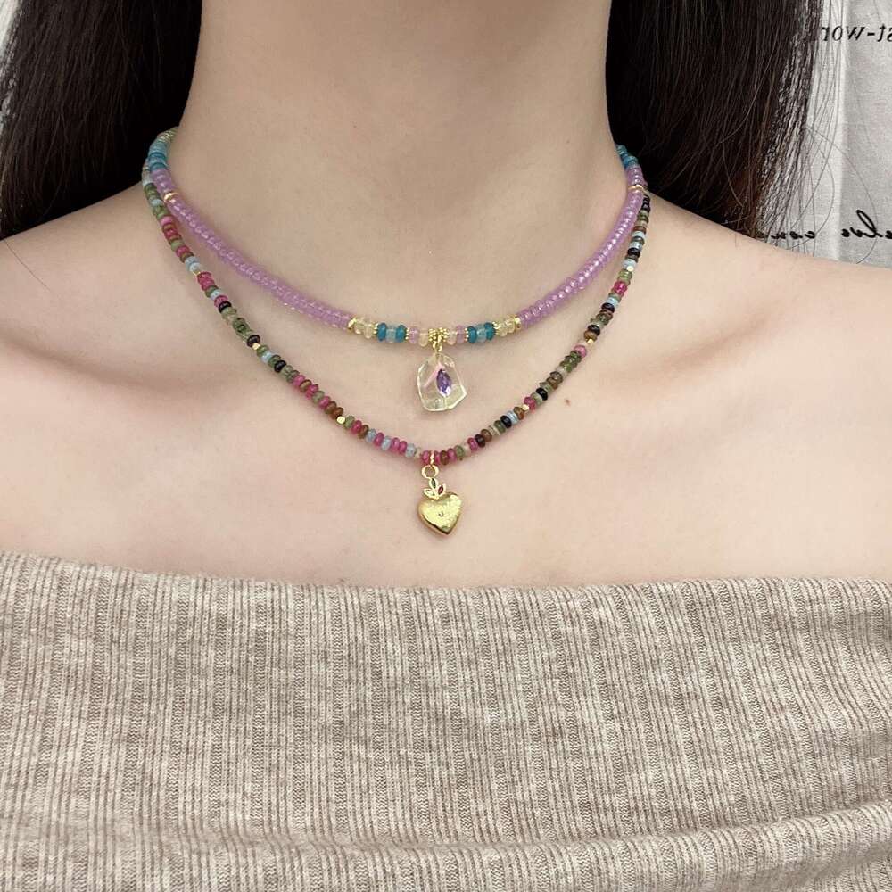 New Chinese Style Colorful Beaded Heart Pendant Stone Set Necklace Dopamine Collarbone Chain High-End Personality Fashion e2b