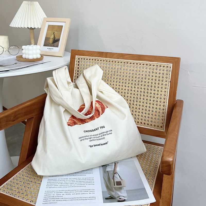 Women Canvas Shoulder Bag Bread Print Cotton Canvas Shoulder Bags Student Large Capacity Books Tote Lady Eco Cloth Handbag Purse G250729
