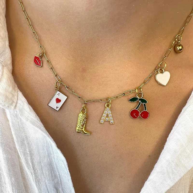 Boho Red Lips Cherry Heart Letter Charm Necklace Gold Plated Boots Crystal Initials Necklaces Cowgirl Beach Jewelry Z250731 Z250910