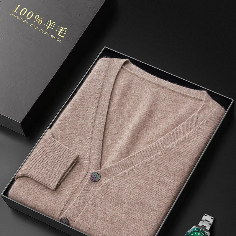 Mens 100% Pure Wool Cardigan 23 Autumn And Winter VNeck Loose Sweater With MiddleAged Coat Knitted Bottoming Shirt 250731