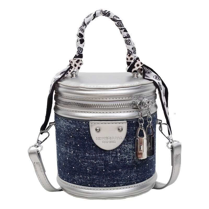 Cylindrical handbag - blue and white color blocked denim with diamonds PU leather single shoulder crossbody bag, fashionable and versatile, out on the