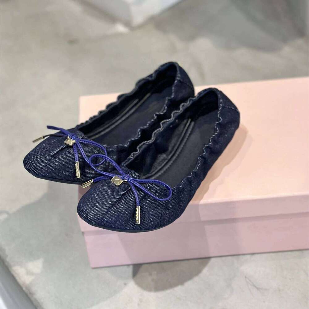 Women Genuine Leather Ballet Flats Butterfly Knot Denim Round Toe Slip On Solid Colors Designer Shoes Zapatillas De Mujer c88