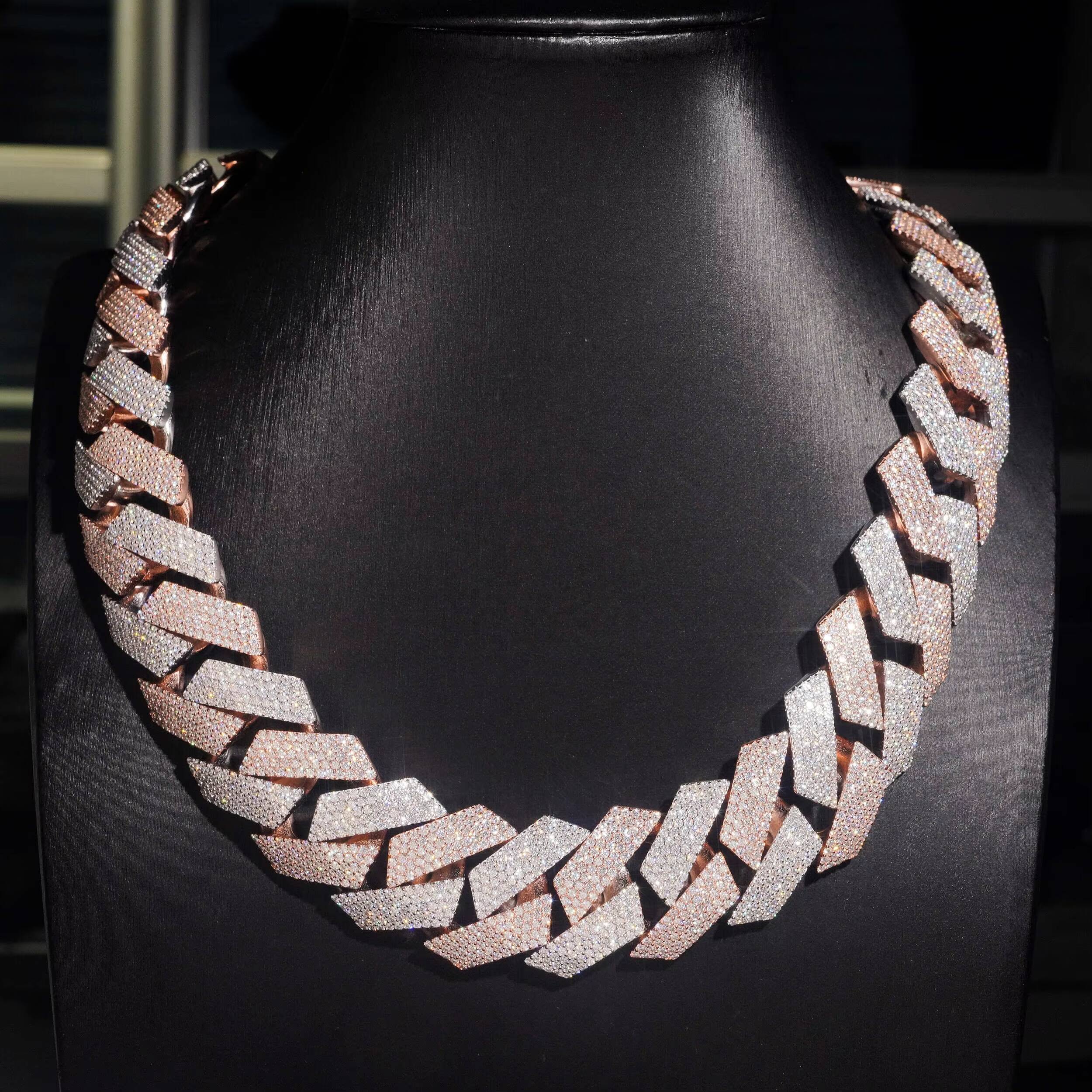 Hip Hop Solid Silver 925 Rose Gold Two Tone Big Cuban 28MM Iced Out VVS Moissanite Cuban Chain Necklace