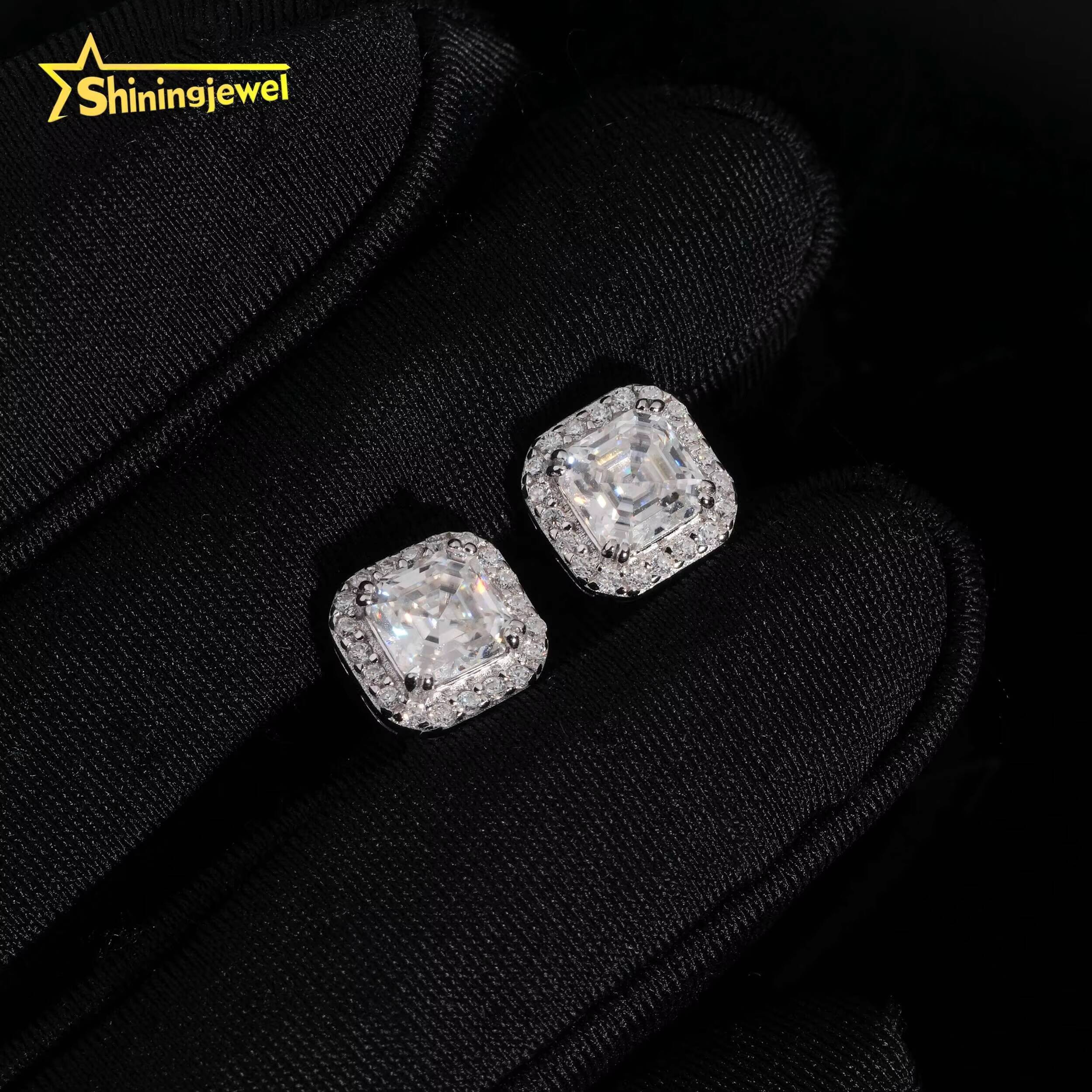 Hip Hop Jewelry Screw Back 925 Silver Halo Asscher Cut 5*5mm Mens VVS Moissanite Earrings