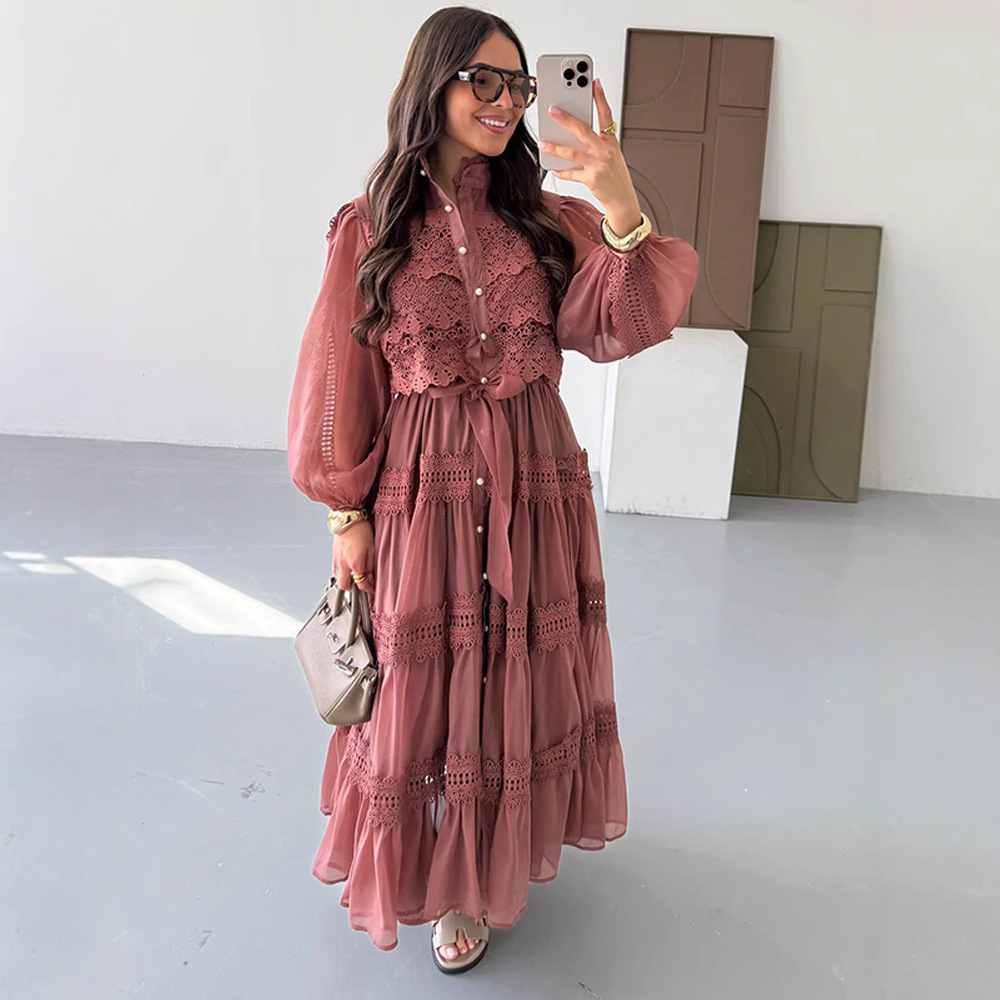 Spring Summer Womens Casual Long Sleeve Hollow Mesh Patchwork Dress Lantern 250731