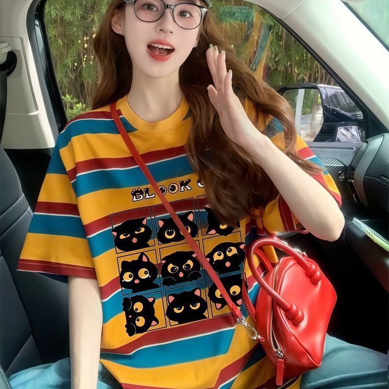 2025 American color blocked striped short sleeved women's T-shirt summer new fashion cartoon college style loose fit top new designer T-shirt