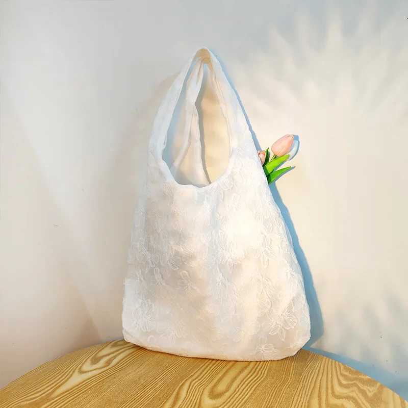 Lace Flowers Women Shoulder Bag Thin Polyester Ladies Shopping Handbags Solid Color Girs Book Bags Casual Female Travel Tote Y250730