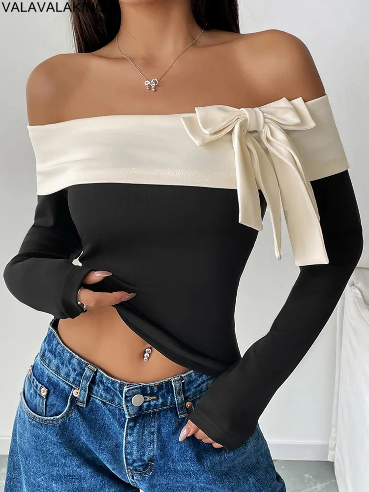 Sexy Spring Black Patchwork Crop Top Women Bow Tied Bandeau Tight Tshirt Lady Y2K Off Shoulder Long Sleeve Clud Tops 250730
