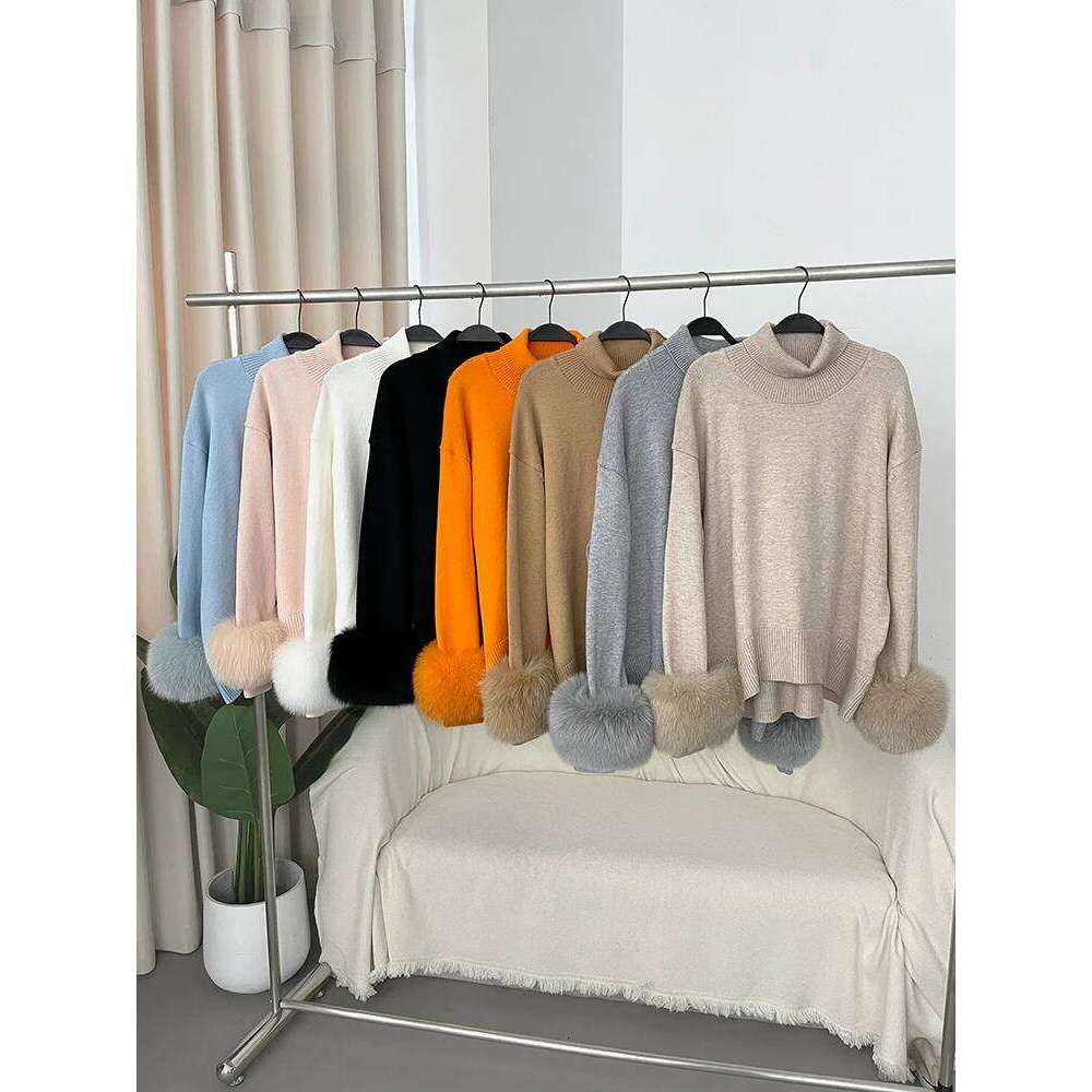 Women Wool Pullovers Oversized Real Fox Fur Cuffs Sweater Elegant Office Lady Clothing Loose Turtleneck Jumper