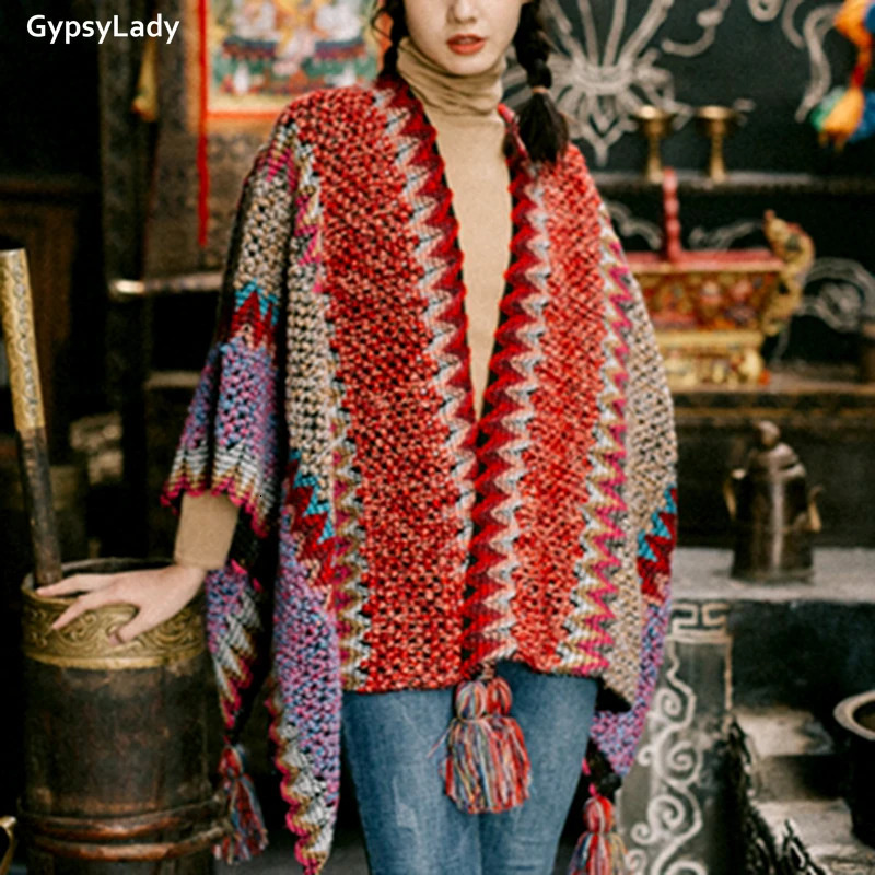 GypsyLady Vintage Boho Cloaks Capes Top Red Women Autumn Winter Floral Knitted Poncho Capes Tassels Chic Cloak Poncho Outwear 250729