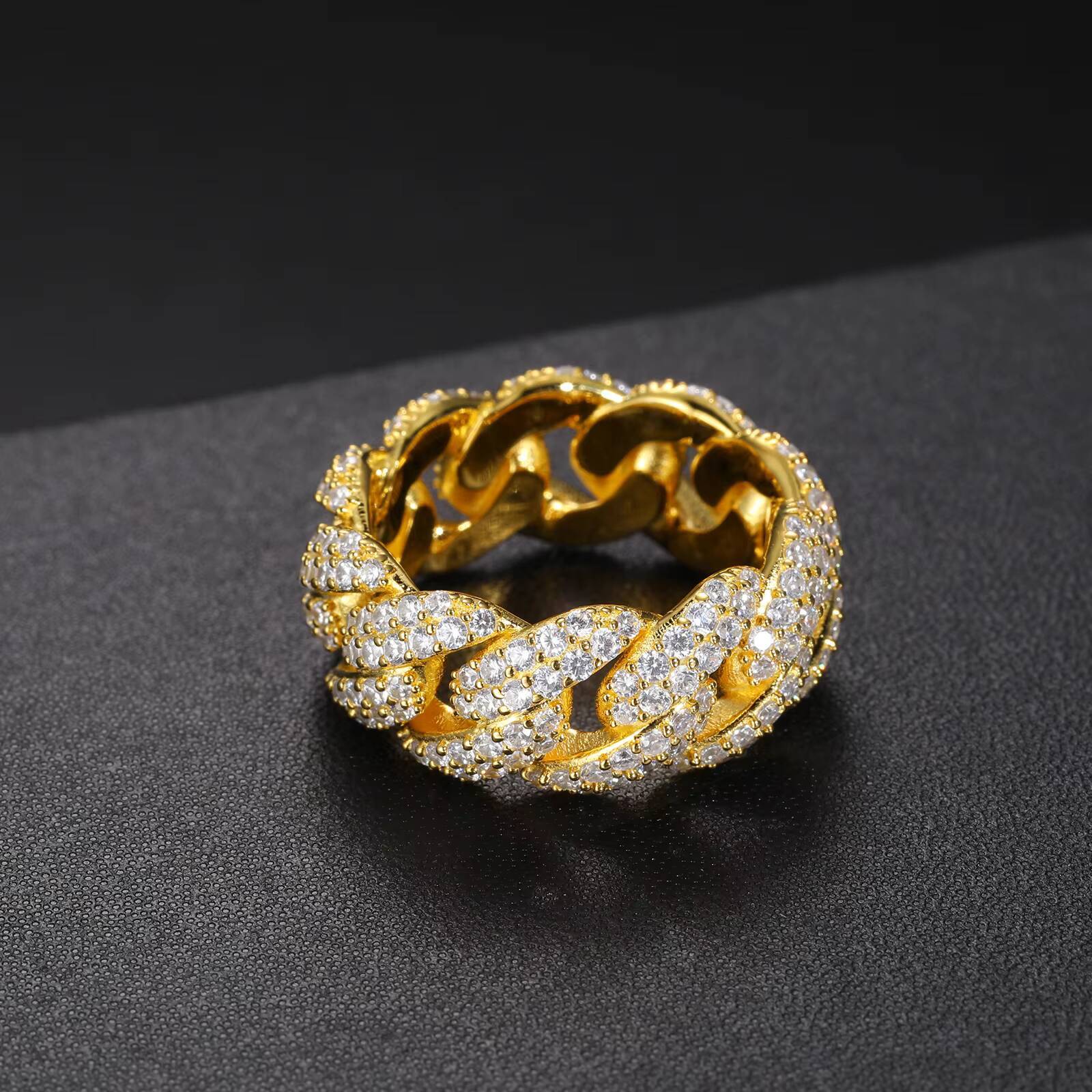 Wholesale Bling Hip Hop Jewelry 9mm Gold Plated 925 Sterling Silver VVS Moissanite Diamond Iced Out Cuban Band Ring for Men