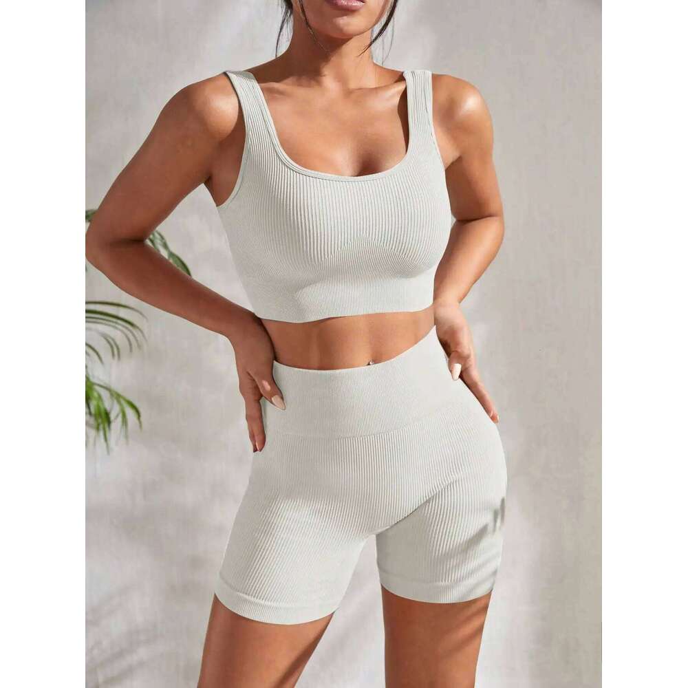 Seamless Yoga Workout Sets for Women 2 Pieces Gym Suits Ribbed Crop Tank High Waist Shorts Outfits Fiess Running