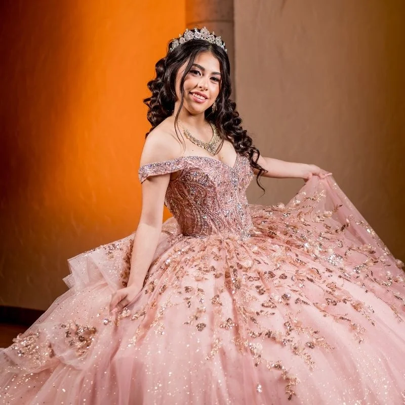 Pink Shiny Quinceanera Dress Off The Shoulder Sequin Applique Flower Beads Vestidos De 15 Anos Princess Sweet 16 Dress