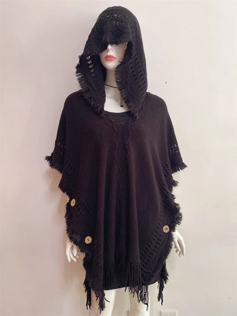 Hooded Crochet Cloak Poncho Shawl - Boho Chic Fringed Knit Wrap for Women Spring-Autumn Versatile Outerwear 250729