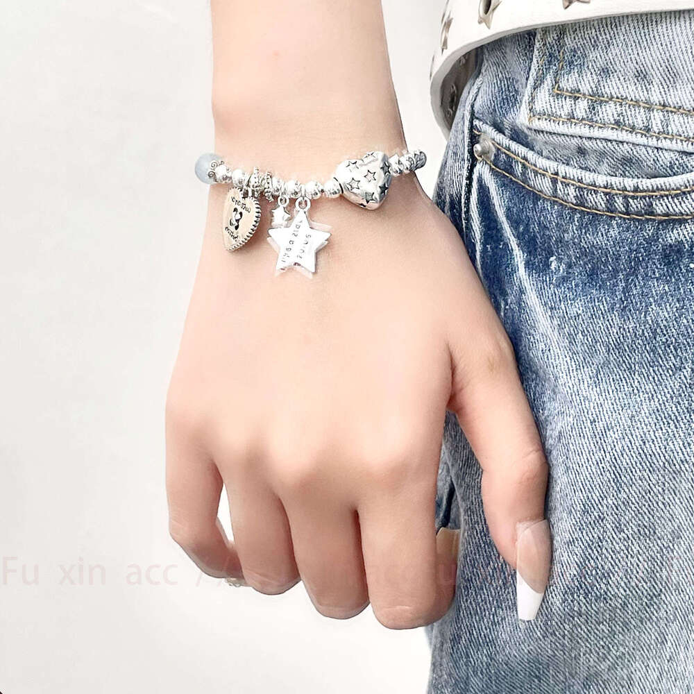 Korean Style Sier Heart Star Beaded Bracelet for Women, Light Niche Exquisite Design, High-end Fashion Versatile Jewelry ca1