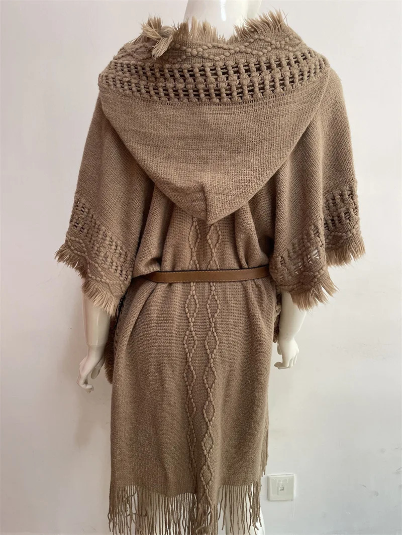 Hooded Crochet Cloak Poncho Shawl - Boho Chic Fringed Knit Wrap for Women Spring-Autumn Versatile Outerwear 250729
