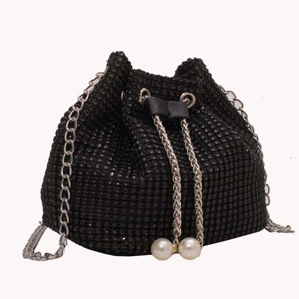 Women Shoulder Bag Solid Color Rhinestone Glittering Satchel Bag Drawstring Shinny Sling Purse Dinner Party Bag Y250730