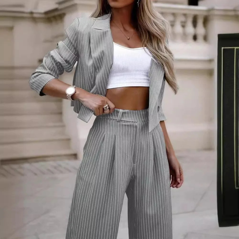 Womens Casual Striped Short Lapel Suit And Straight Pants Conjuntos Femininos Elegantes Pantsuit Matching Sets 250731
