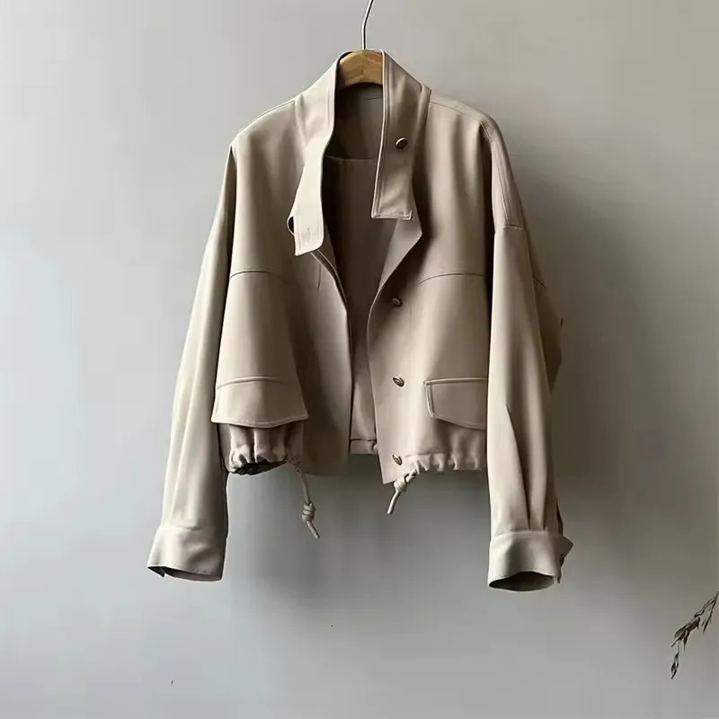 Elegant Women Short Jacket 2025 Spring Autumn Locomotive Jacket Casual Windbreaker Standing Collar Drawstring Trench Coat 250728