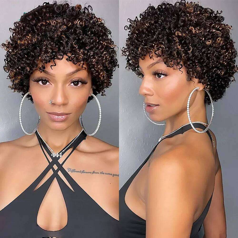 Highlight Human Hair Afro Wigs Black Women Short Pixie Kinky Curly for African American Full hine Wig