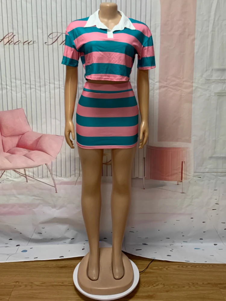 Kricesseen Womens Striped Skirt Set TwoPiece Dress Girls Short Sleeve Shirt Top And Matching Sporty Overalls Active Wear 250730