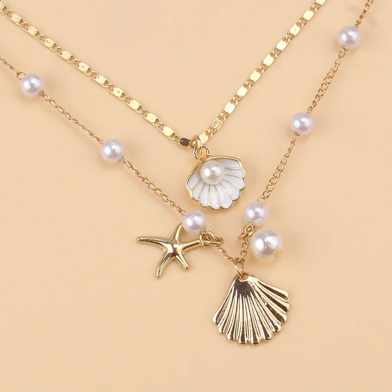 2 Pcs Gold Plated Starfish Shell Pendant Necklace Summer Pearl Necklaces For Women Girls Ocean Beach Jewelry 250716