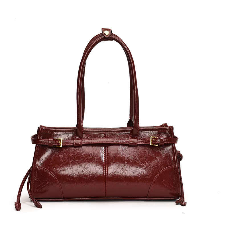 Handheld Shoulder Bag - Brown Lacquered Leather Commuter Big Bag, Fashionable and Versatile, Outdoor Women's Bag