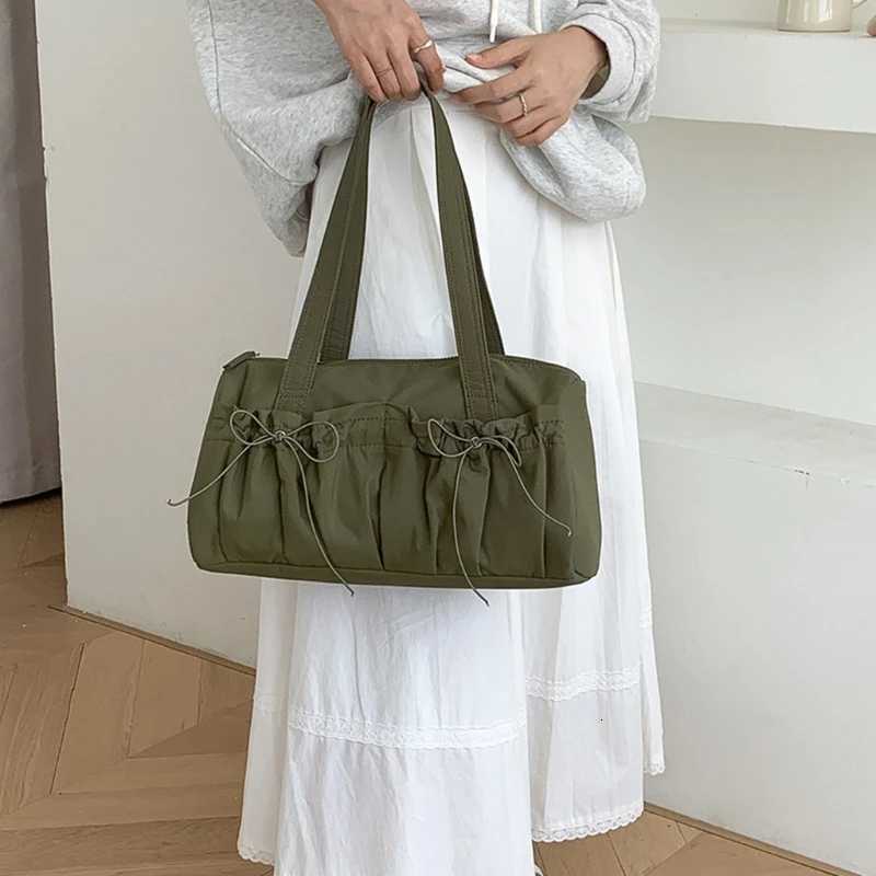 Women Fashion Nylon Shoulder Bag with Pleated Bows Large Capacity Casual Handbag Practical Top Handle Bag for Travel Daily Use Y250730