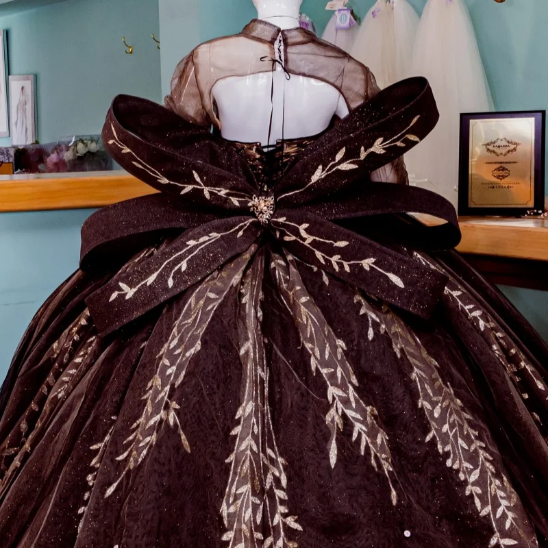 Dark Champagne Shiny Quinceanera Dresses Ball Gown Off The Shoulder Applique Beads Tiered Tull Party Birthday Sweet 16 Vestidos 15De Anos