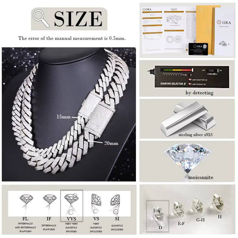 15mm 20mm 3rows Heavy Weight Cuban Link Chain 925 Sterling Silver Moissanite Solid Necklace Hiphop Gold Plated Jewelry