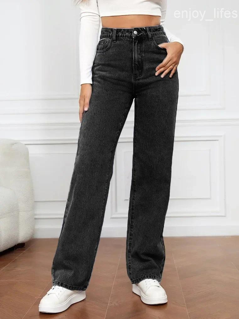 Womens Jeans Denim Women Straight Pants Washing High Waist Loose Pockets Basics Ankle Length Y2k Blue Streetwear Slight Strech