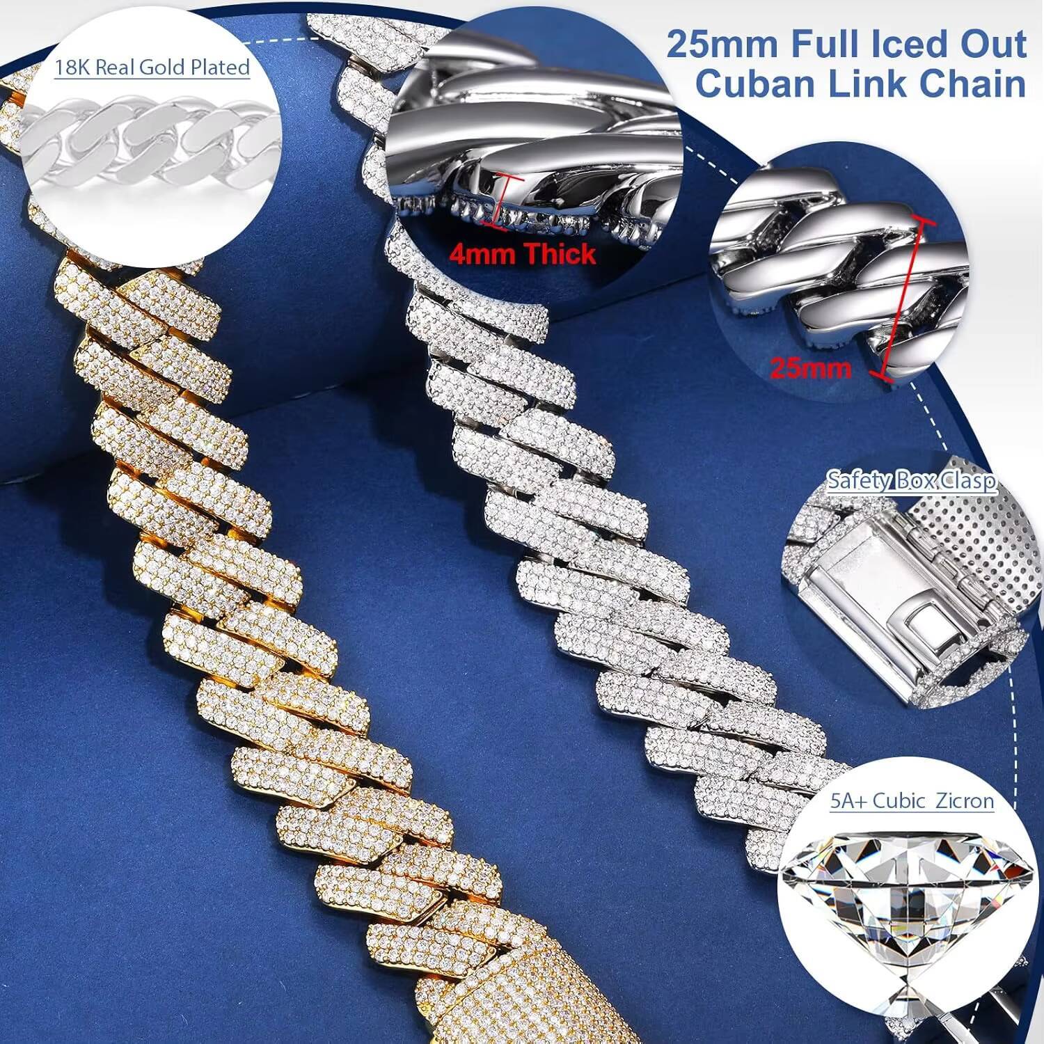 25mm Big Cuban Link Chain Fashion Hip Hop Jewelry 18K Gold Plated Brass Prong CZ Diamond Iced Out Chunky Rapper Necklace for Men