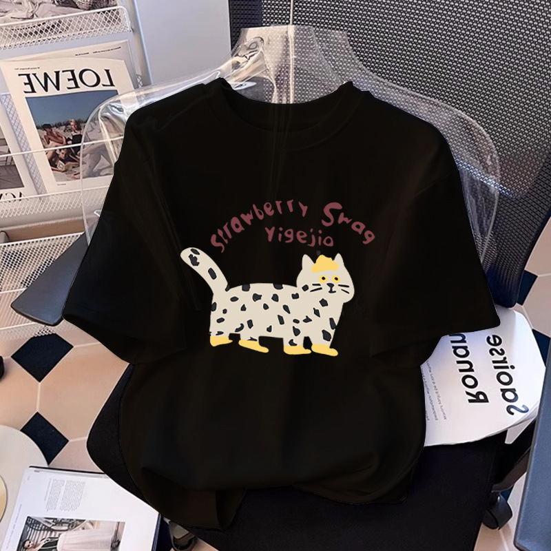 2025 Cat Short sleeved White T-shirt Women's S Fashion Summer New Style Fashion Young Loose Cotton Half sleeved Top New Designer T-shirt