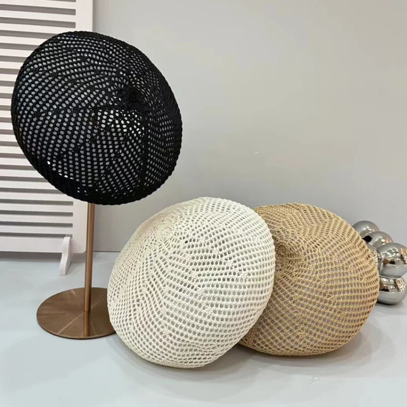 Japanese Knitted Hollow Berets for Women Summer Thin Knitted Painter Caps Ins Simple Korean Version Versatile Pumpkin Beret Hat 250730